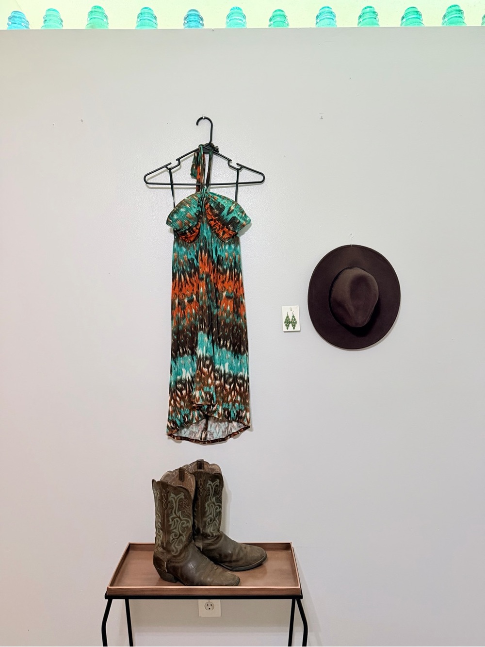 Alyx Teal, Orange and Brown Patterned Halter Dress
